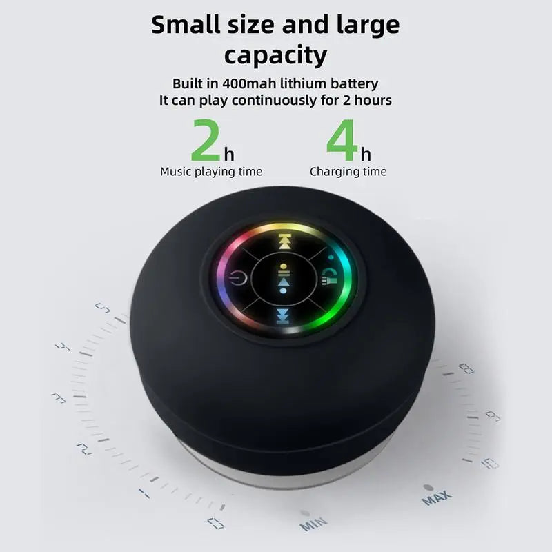Mini Bluetooth Shower Speaker with LED Light, IPX4 Waterproof, Hands-Free, Rechargeable via Micro USB, Wireless Stereo for Beach, Shower, and Home Use