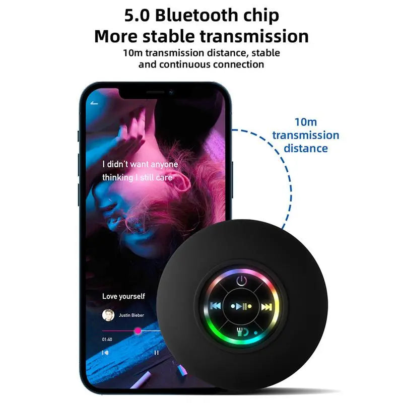 Mini Bluetooth Shower Speaker with LED Light, IPX4 Waterproof, Hands-Free, Rechargeable via Micro USB, Wireless Stereo for Beach, Shower, and Home Use
