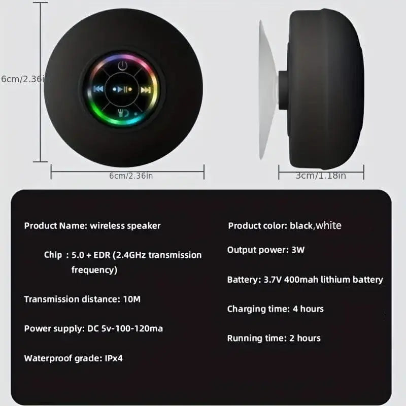 Mini Bluetooth Shower Speaker with LED Light, IPX4 Waterproof, Hands-Free, Rechargeable via Micro USB, Wireless Stereo for Beach, Shower, and Home Use