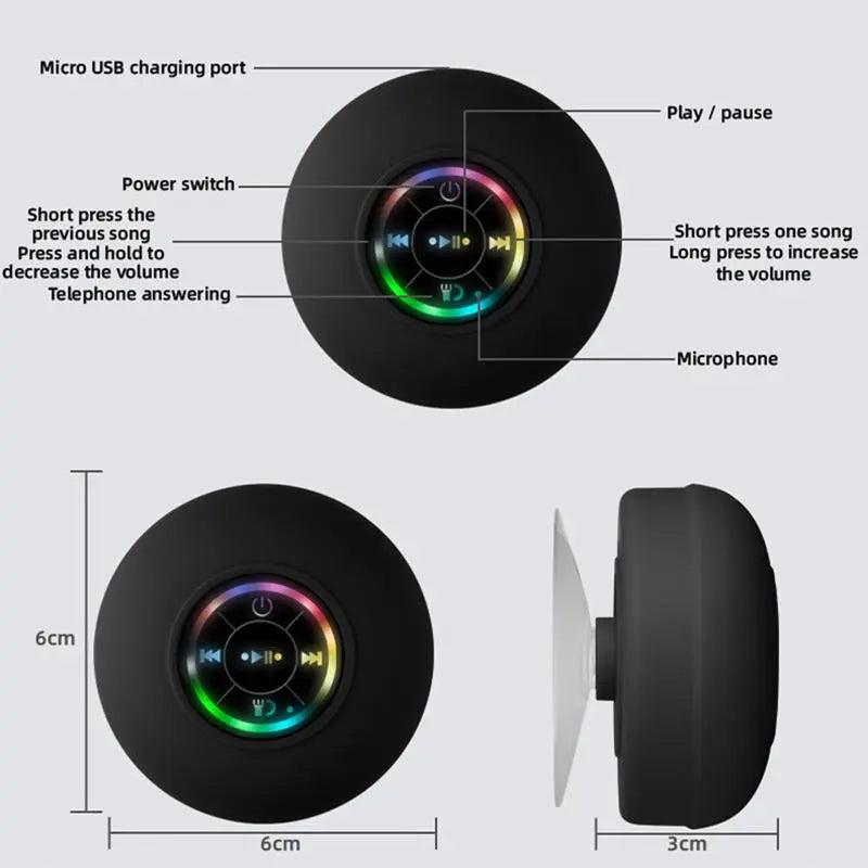 Mini Bluetooth Shower Speaker with LED Light, IPX4 Waterproof, Hands-Free, Rechargeable via Micro USB, Wireless Stereo for Beach, Shower, and Home Use