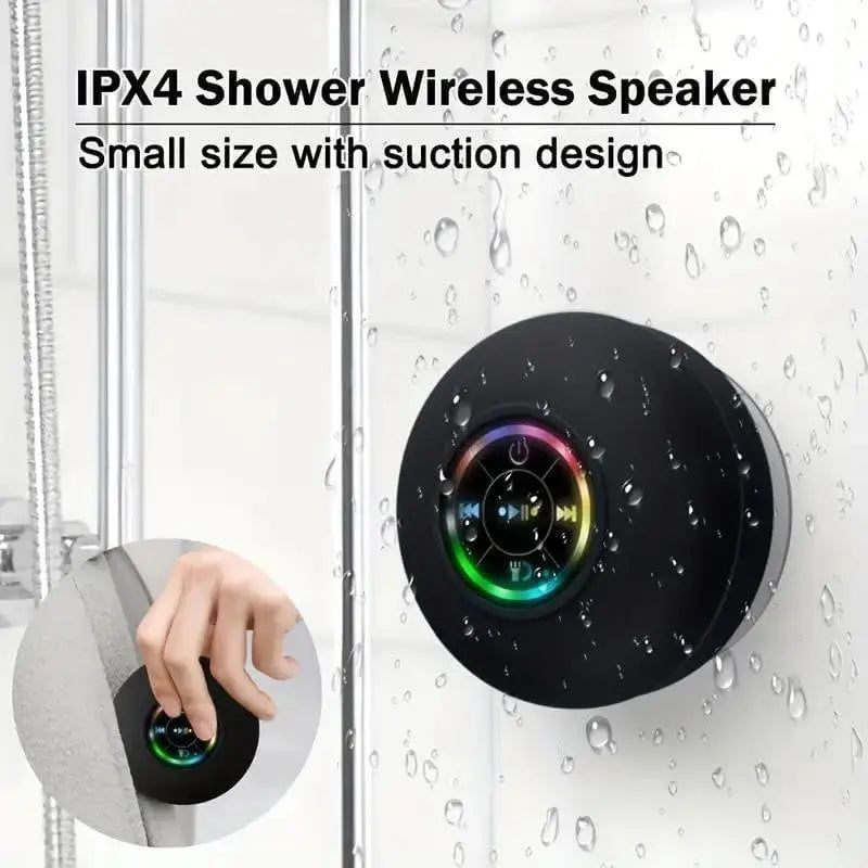 Mini Bluetooth Shower Speaker with LED Light, IPX4 Waterproof, Hands-Free, Rechargeable via Micro USB, Wireless Stereo for Beach, Shower, and Home Use